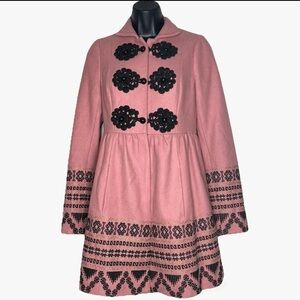 Anthropologie 2 Elimovna Coat Wool blend PLENTY Tracy Reese Pink Embroidered